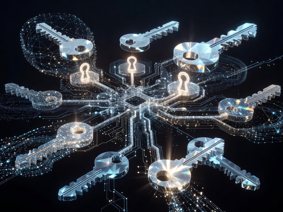 Abstract visualization of encryption keys locking a vehicle network