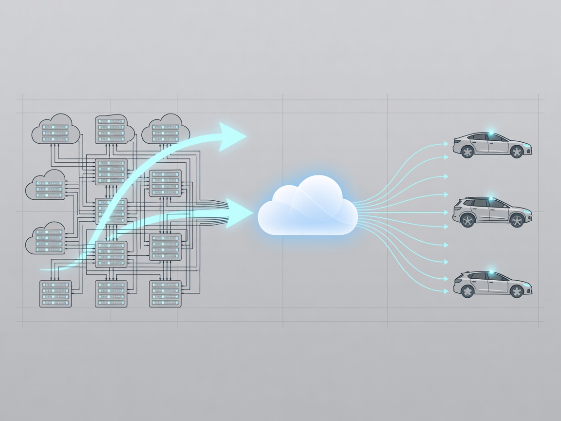 Diagram visualization of data moving through cloud servers to vehicles