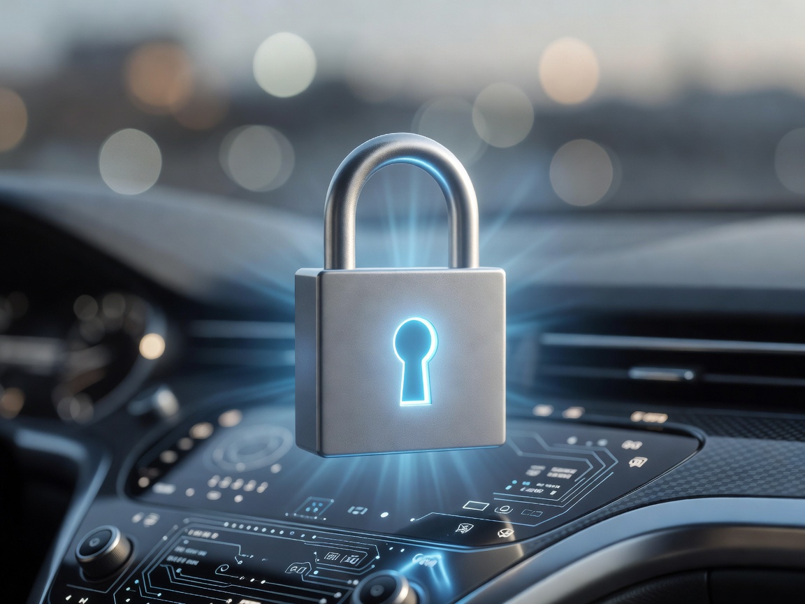 Glowing padlock representing cybersecurity in vehicles
