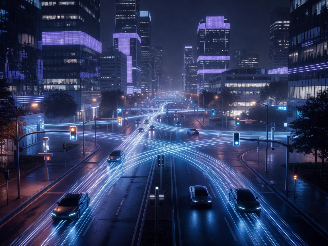 Illuminated city streets representing V2X infrastructure